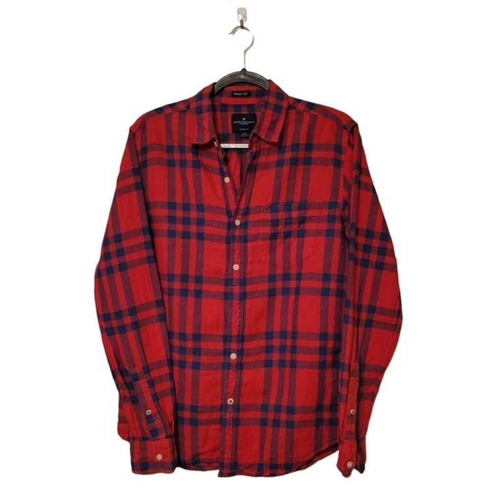American Eagle Mens Shirt Red S  Button Up Super Soft Plaid Flannel